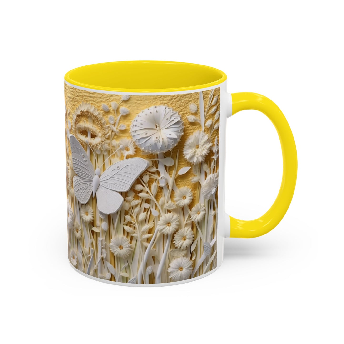 White Floral Relief with Butterflies Accent Mug | 11oz 15oz