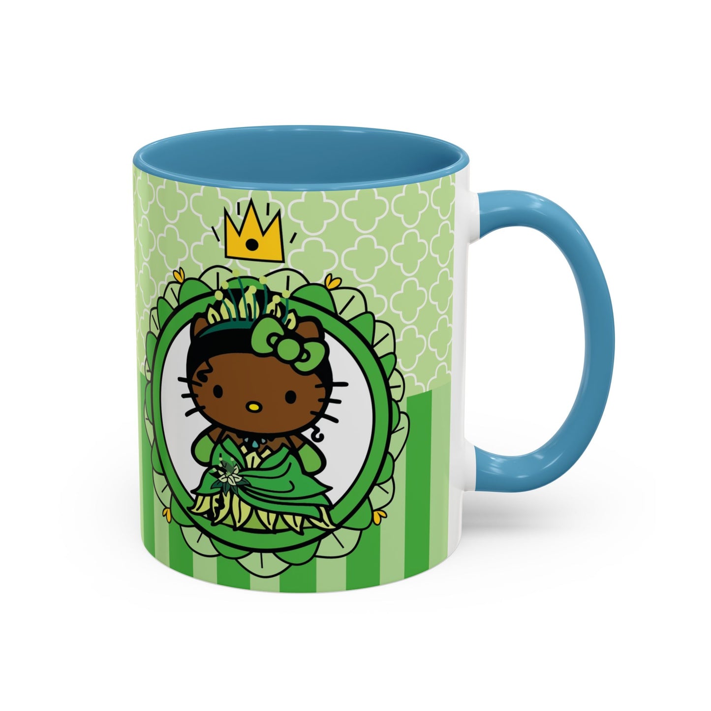 Princess Cat Illustration Accent Coffee Mug | Green Stripes