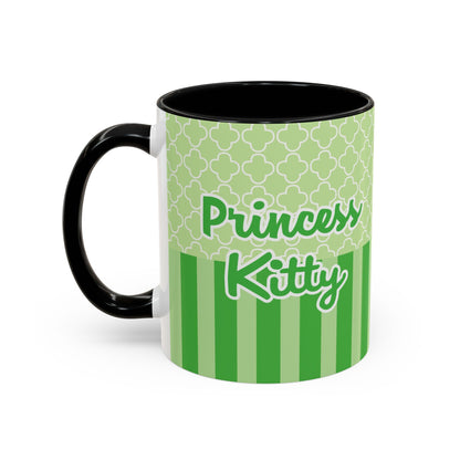 Princess Cat Illustration Accent Coffee Mug | Green Stripes