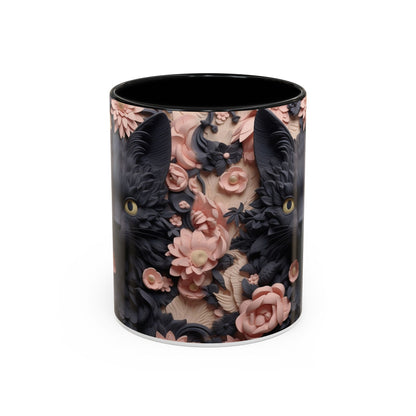 Black Cat & Pink Roses Accent Coffee Mug — 11/15oz Floral Cat Art