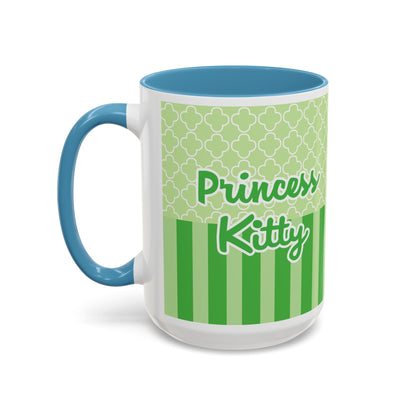Princess Cat Illustration Accent Coffee Mug | Green Stripes