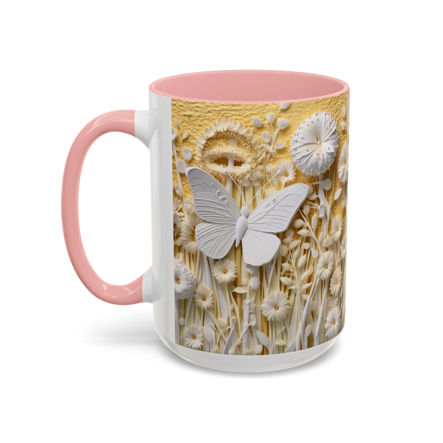 White Floral Relief with Butterflies Accent Mug | 11oz 15oz