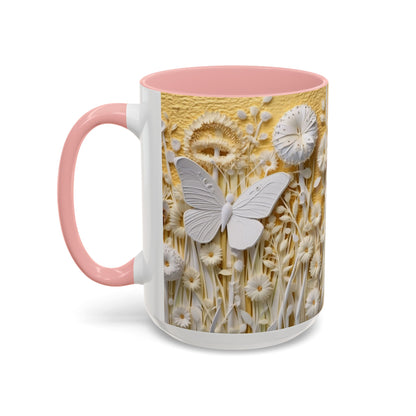 White Floral Relief with Butterflies Accent Mug | 11oz 15oz