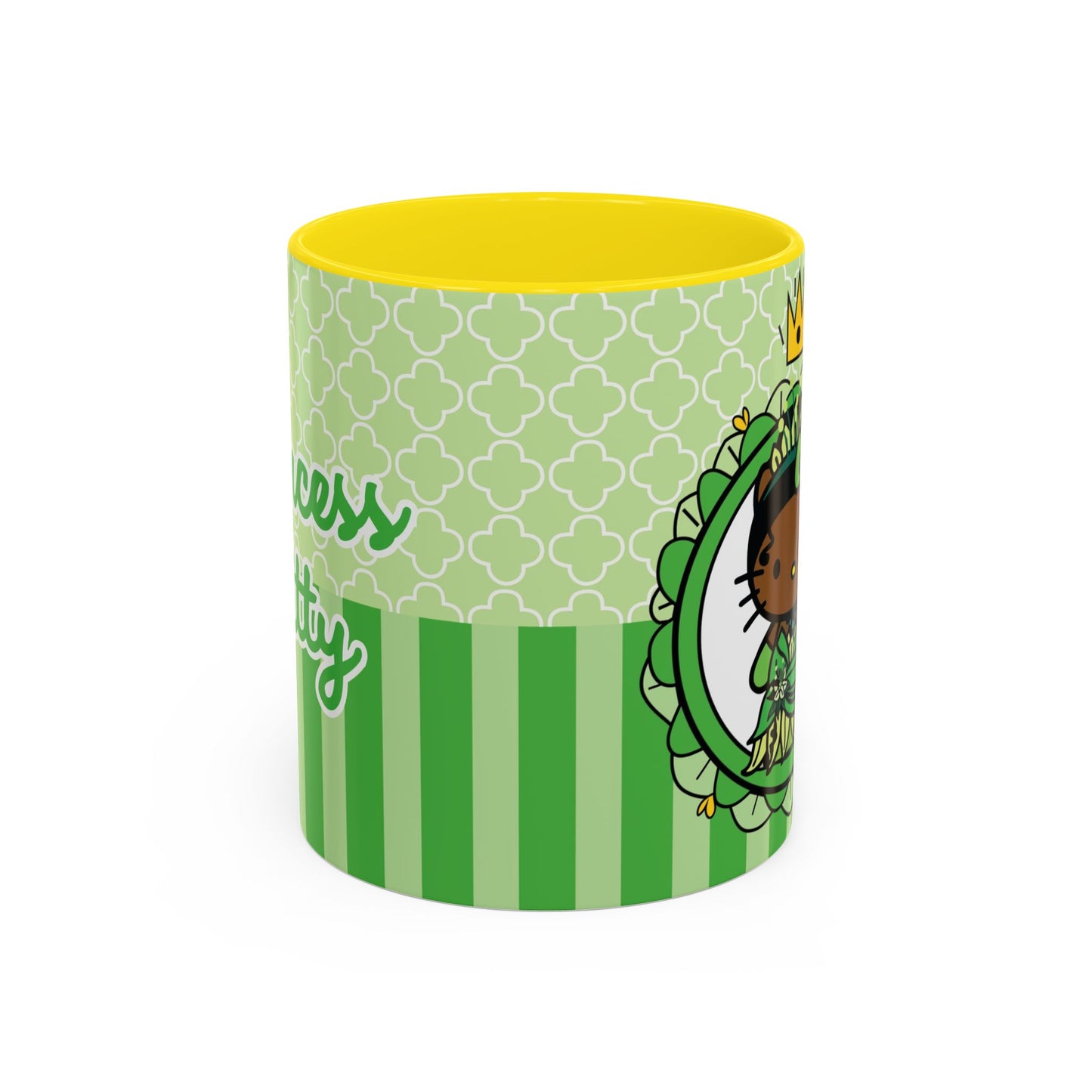 Princess Cat Illustration Accent Coffee Mug | Green Stripes