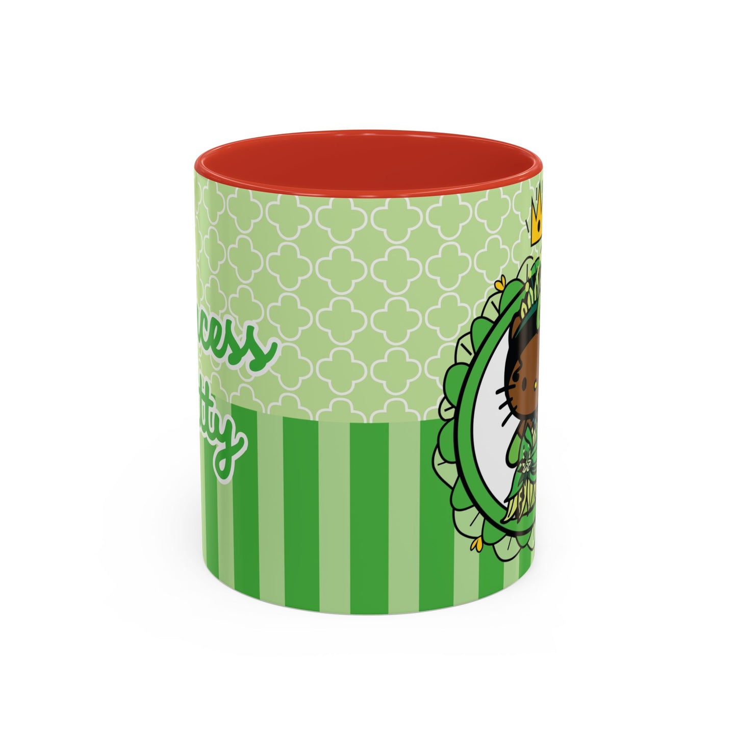 Princess Cat Illustration Accent Coffee Mug | Green Stripes