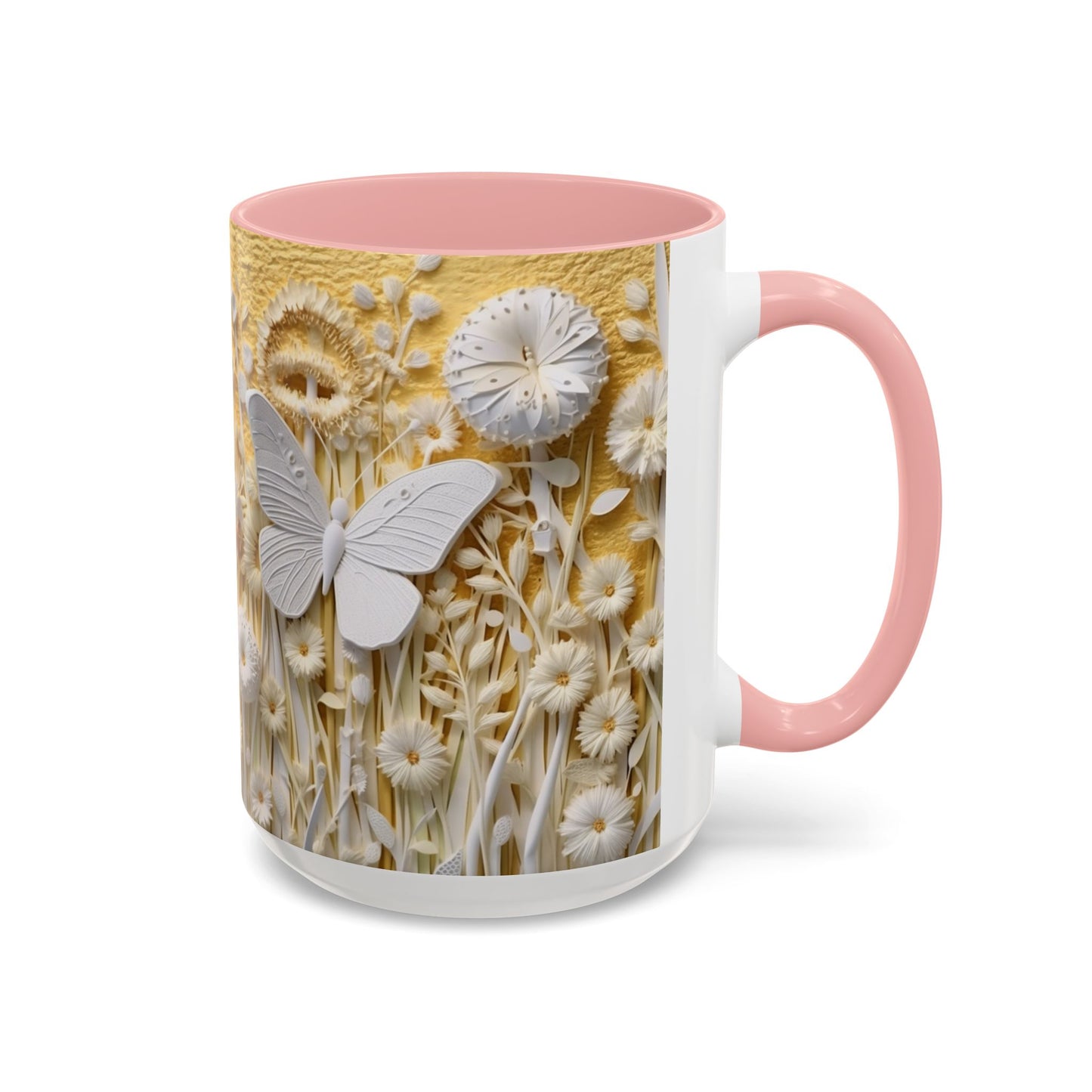 White Floral Relief with Butterflies Accent Mug | 11oz 15oz
