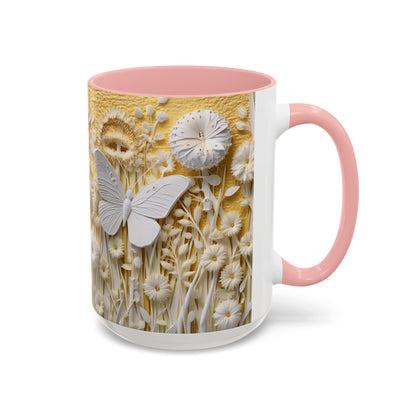White Floral Relief with Butterflies Accent Mug | 11oz 15oz