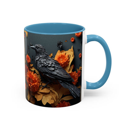 Autumn Raven Accent Coffee Mug — Black Crow & Orange Chrysanthemums (11/15oz)