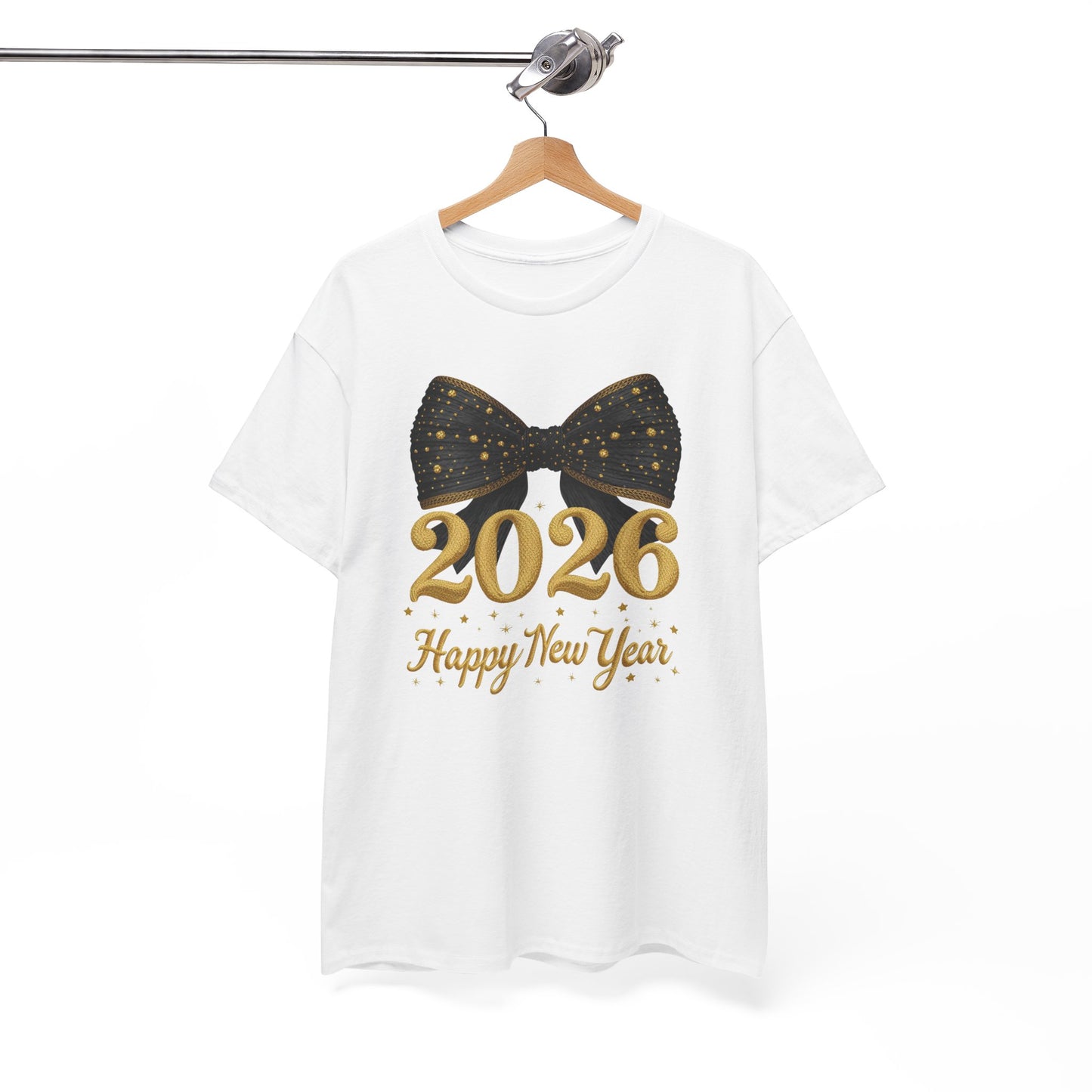 2026 Happy New Year T-Shirt — Gold Numbers with Black Sparkle Bow