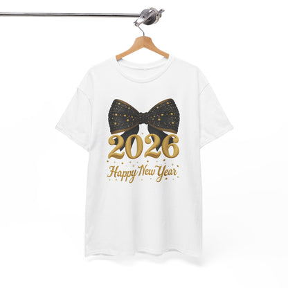 2026 Happy New Year T-Shirt — Gold Numbers with Black Sparkle Bow
