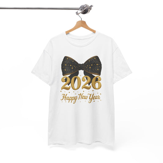 2026 Happy New Year T-Shirt — Gold Numbers with Black Sparkle Bow