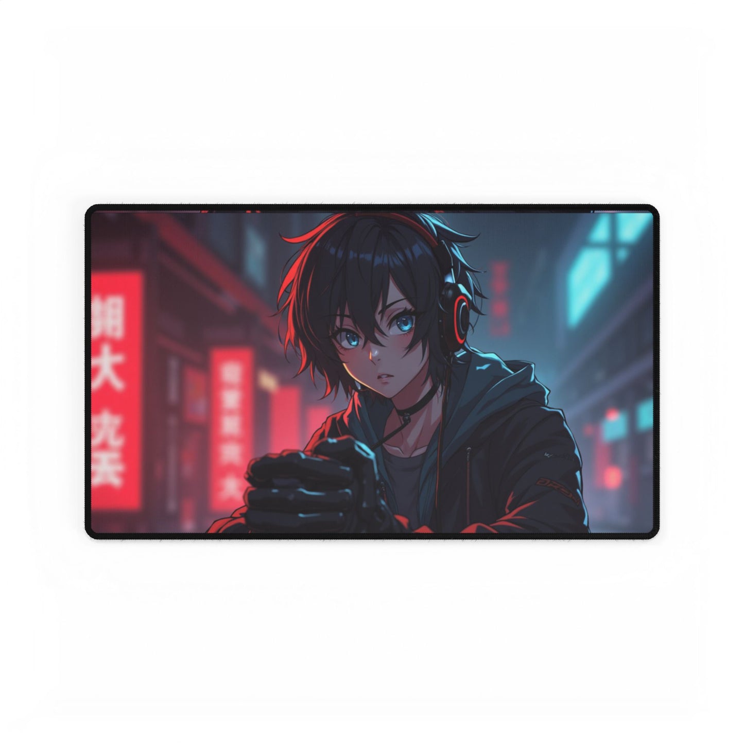 Cyberpunk Anime Gaming Desk Mat — Neon City Boy RGB Mousepad