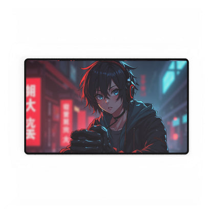 Cyberpunk Anime Gaming Desk Mat — Neon City Boy RGB Mousepad