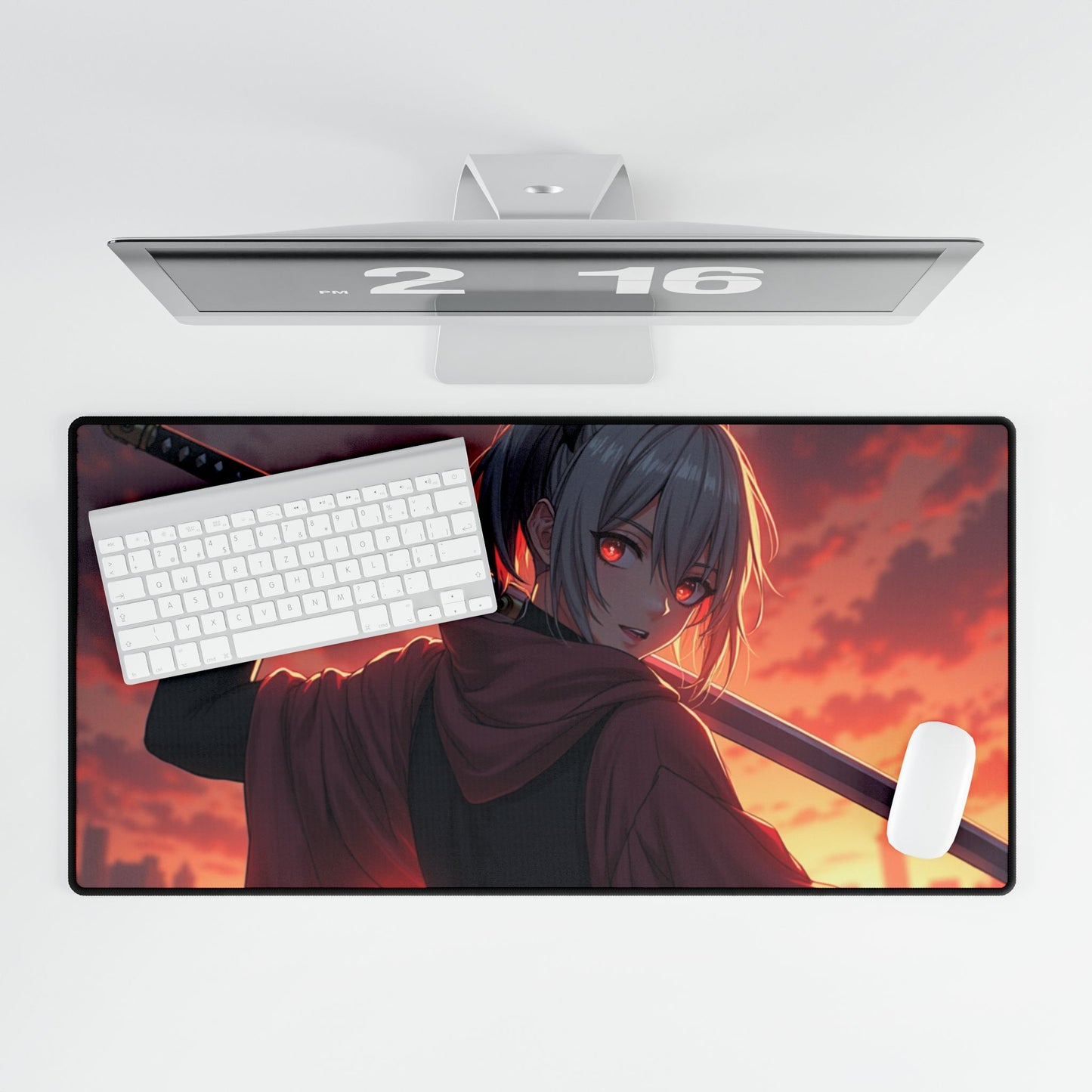 Anime Samurai Desk Mat — Red Sunset Sword Girl Gaming Mouse Pad (Large)