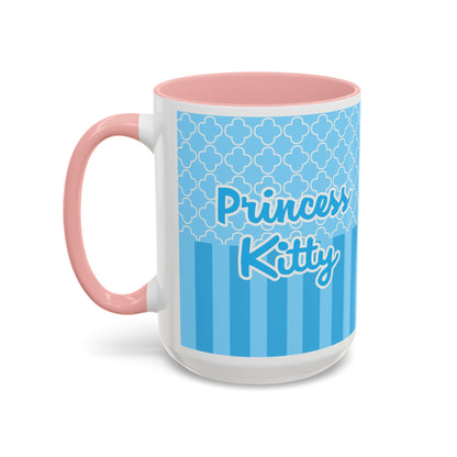 Princess Cat Illustration Accent Coffee Mug | Blue Striped Ceramic