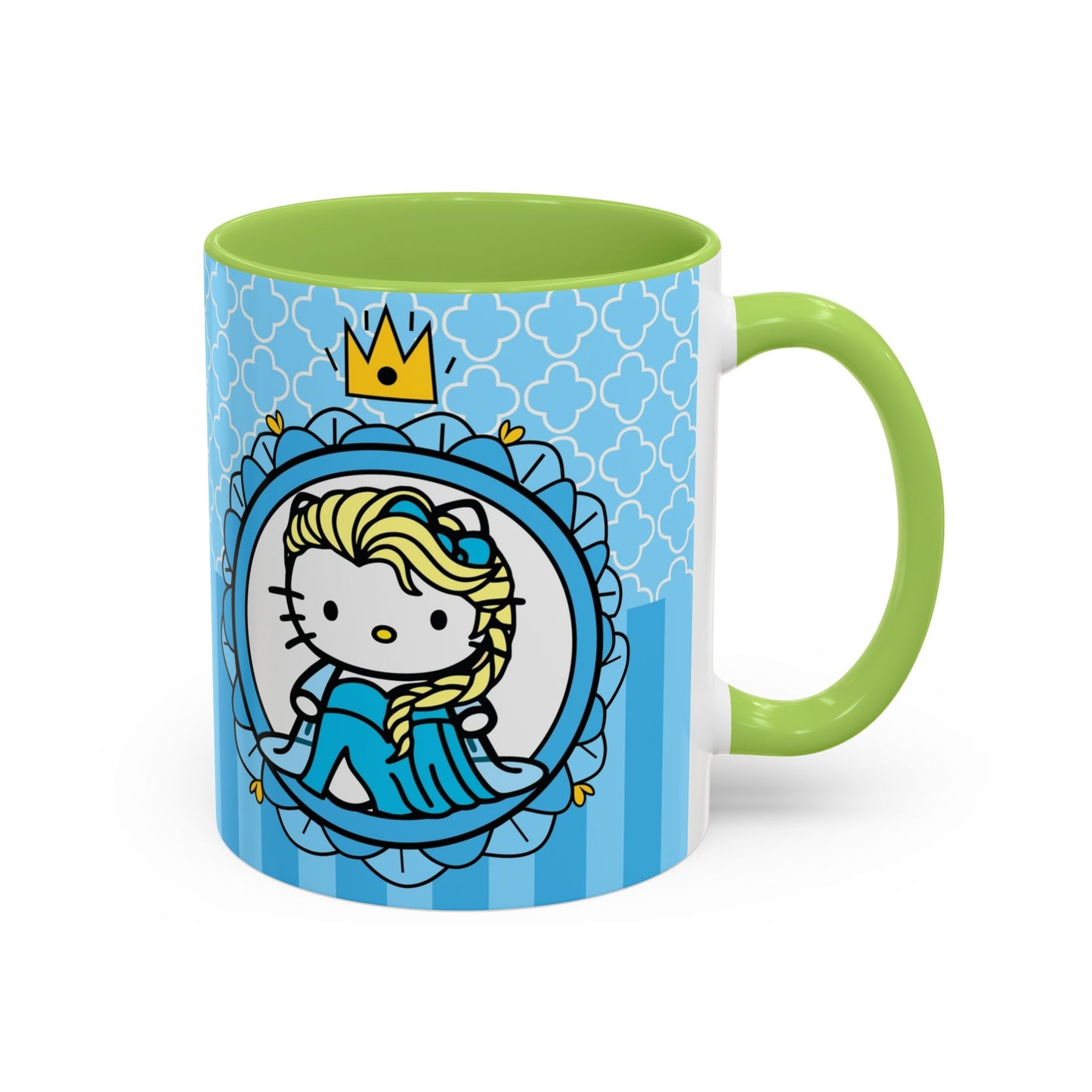 Princess Cat Illustration Accent Coffee Mug | Blue Striped Ceramic