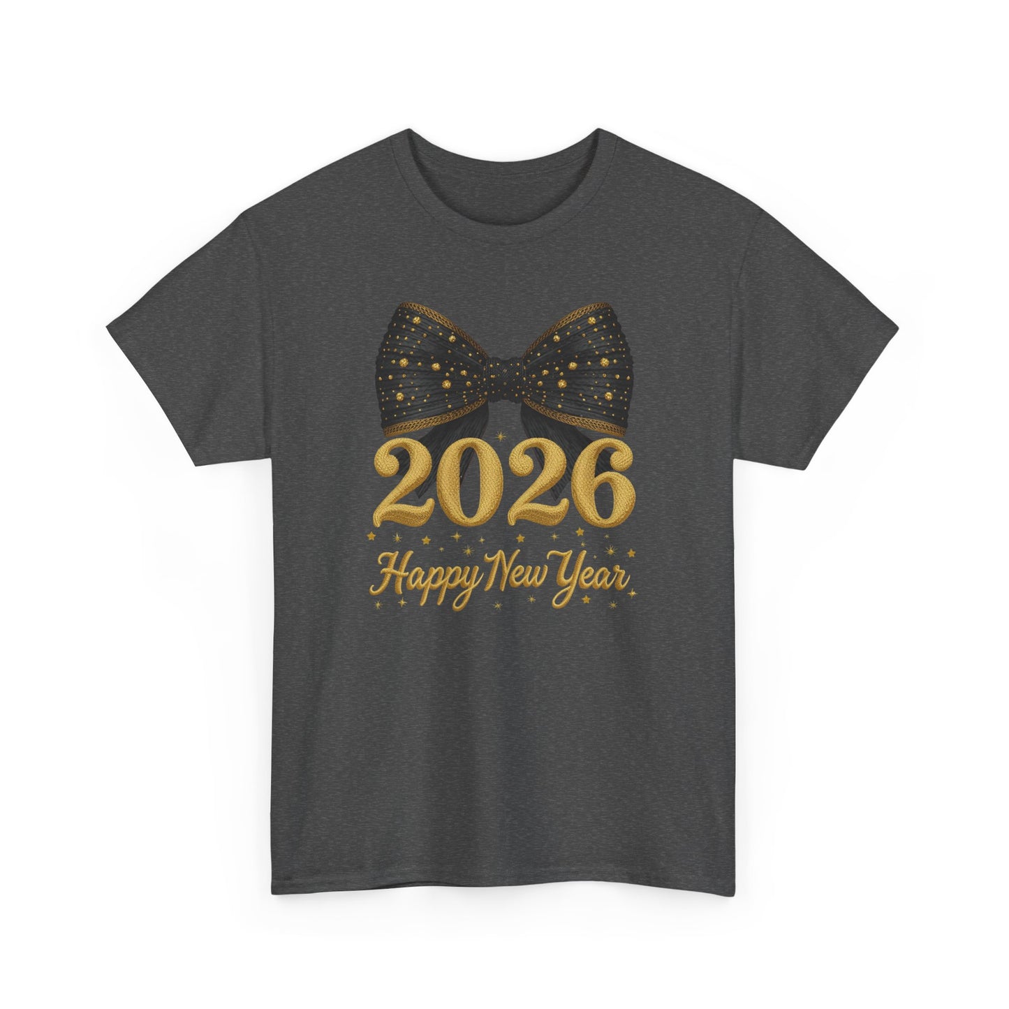 2026 Happy New Year T-Shirt  Gold Numbers with Black Sparkle Bow