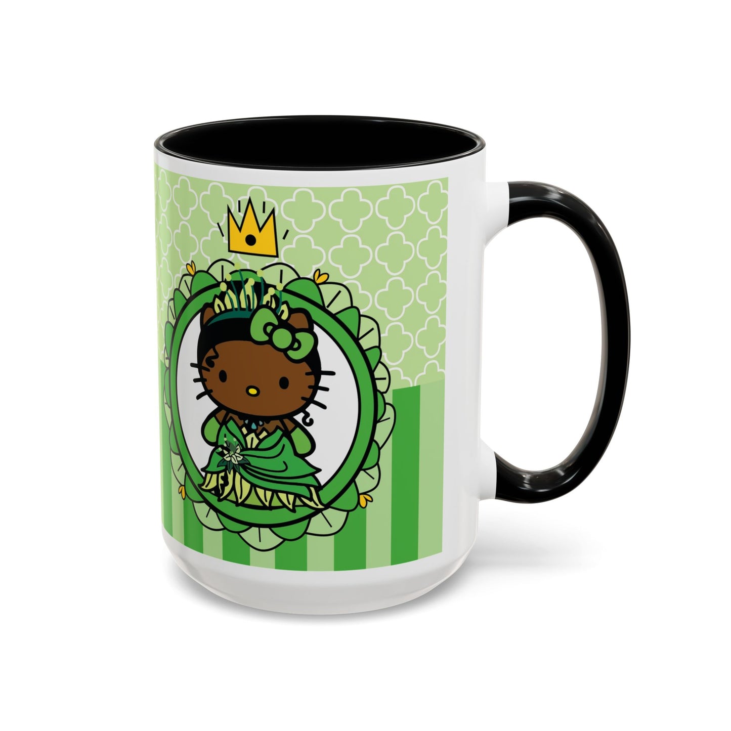 Princess Cat Illustration Accent Coffee Mug | Green Stripes