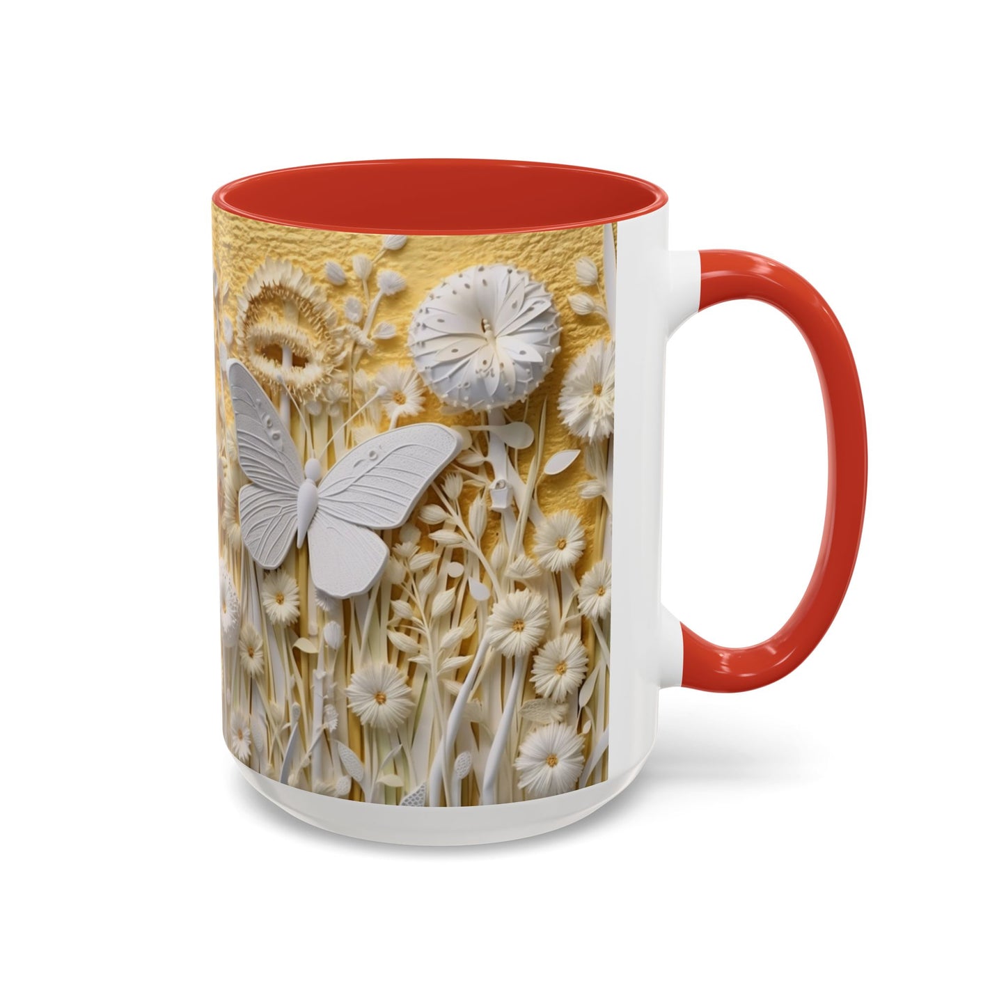 White Floral Relief with Butterflies Accent Mug | 11oz 15oz