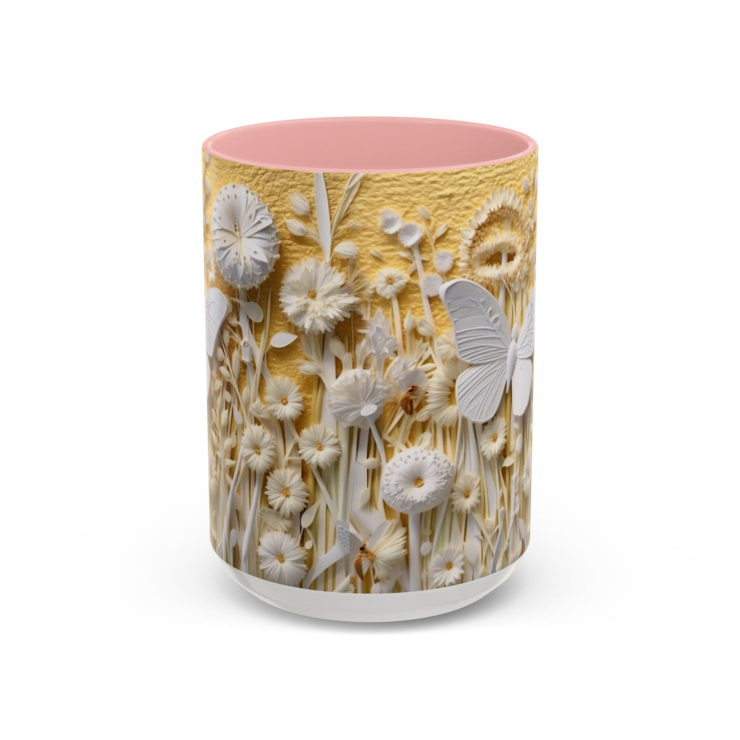 White Floral Relief with Butterflies Accent Mug | 11oz 15oz
