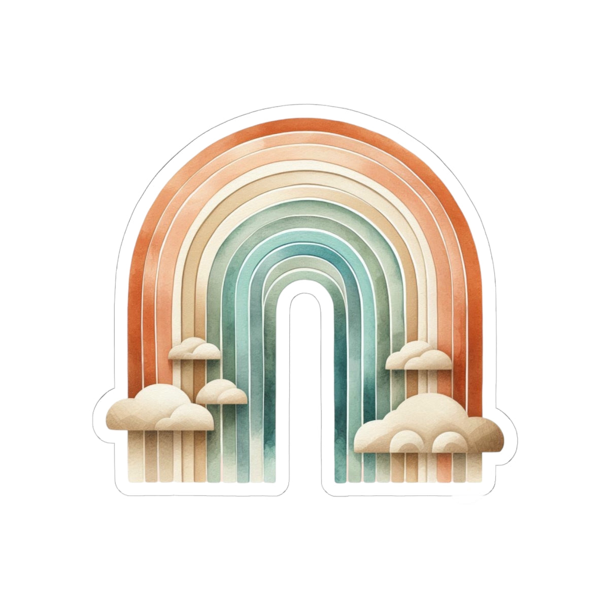 Boho Rainbow Kiss-Cut Sticker — Retro Earth Tones Rainbow with Clouds