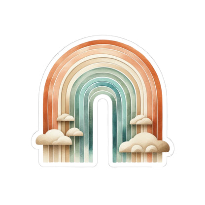 Boho Rainbow Kiss-Cut Sticker — Retro Earth Tones Rainbow with Clouds