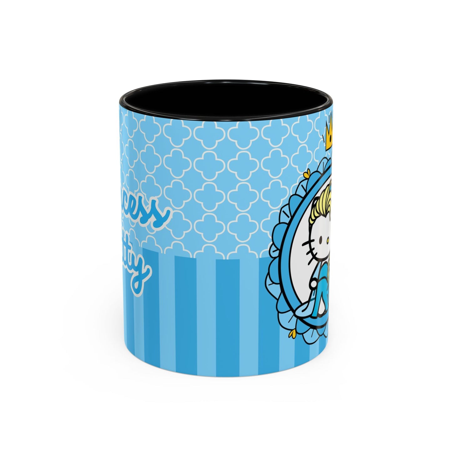 Princess Cat Illustration Accent Coffee Mug | Blue Striped Ceramic
