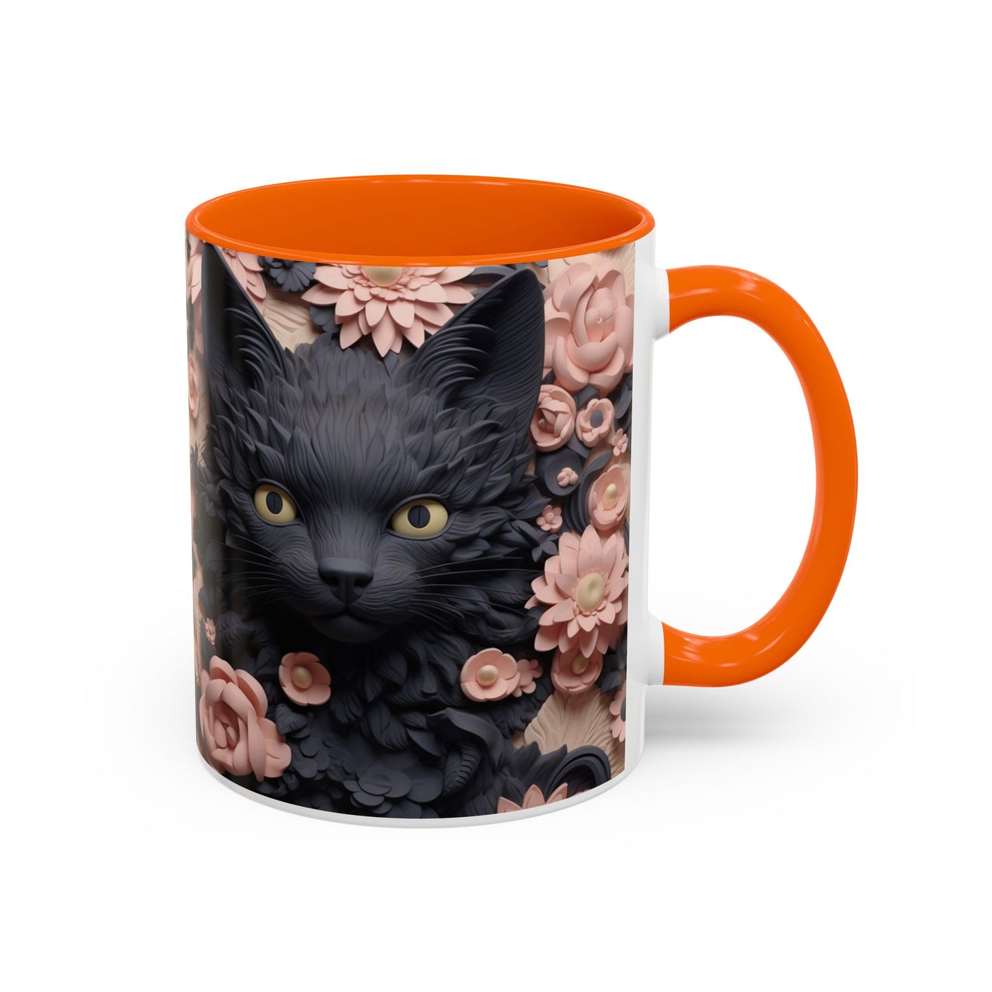Black Cat & Pink Roses Accent Coffee Mug — 11/15oz Floral Cat Art