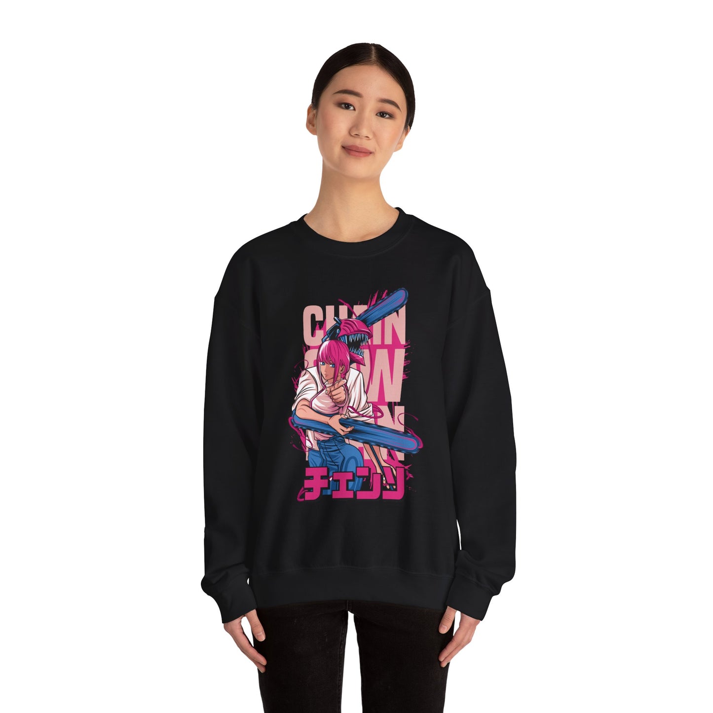 Cherry Anime Girl with Bat Crewneck Sweatshirt | Kawaii Japanese Text