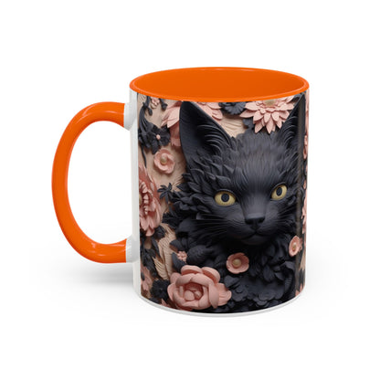 Black Cat & Pink Roses Accent Coffee Mug — 11/15oz Floral Cat Art