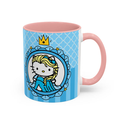 Princess Cat Illustration Accent Coffee Mug | Blue Striped Ceramic