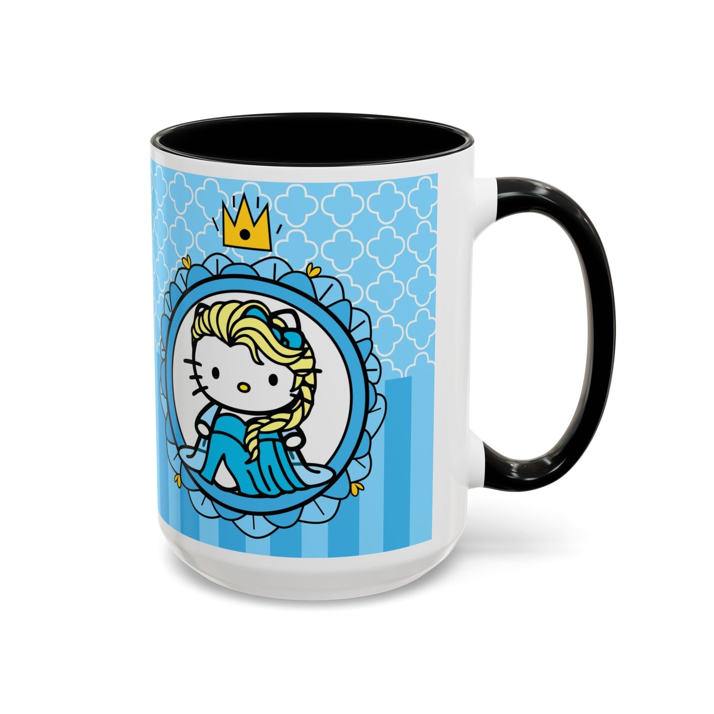 Princess Cat Illustration Accent Coffee Mug | Blue Striped Ceramic