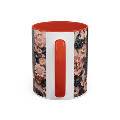 Black Cat & Pink Roses Accent Coffee Mug — 11/15oz Floral Cat Art