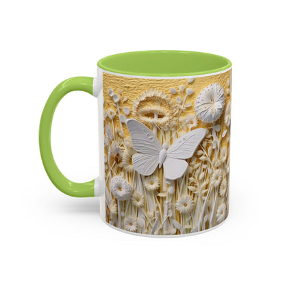 White Floral Relief with Butterflies Accent Mug | 11oz 15oz