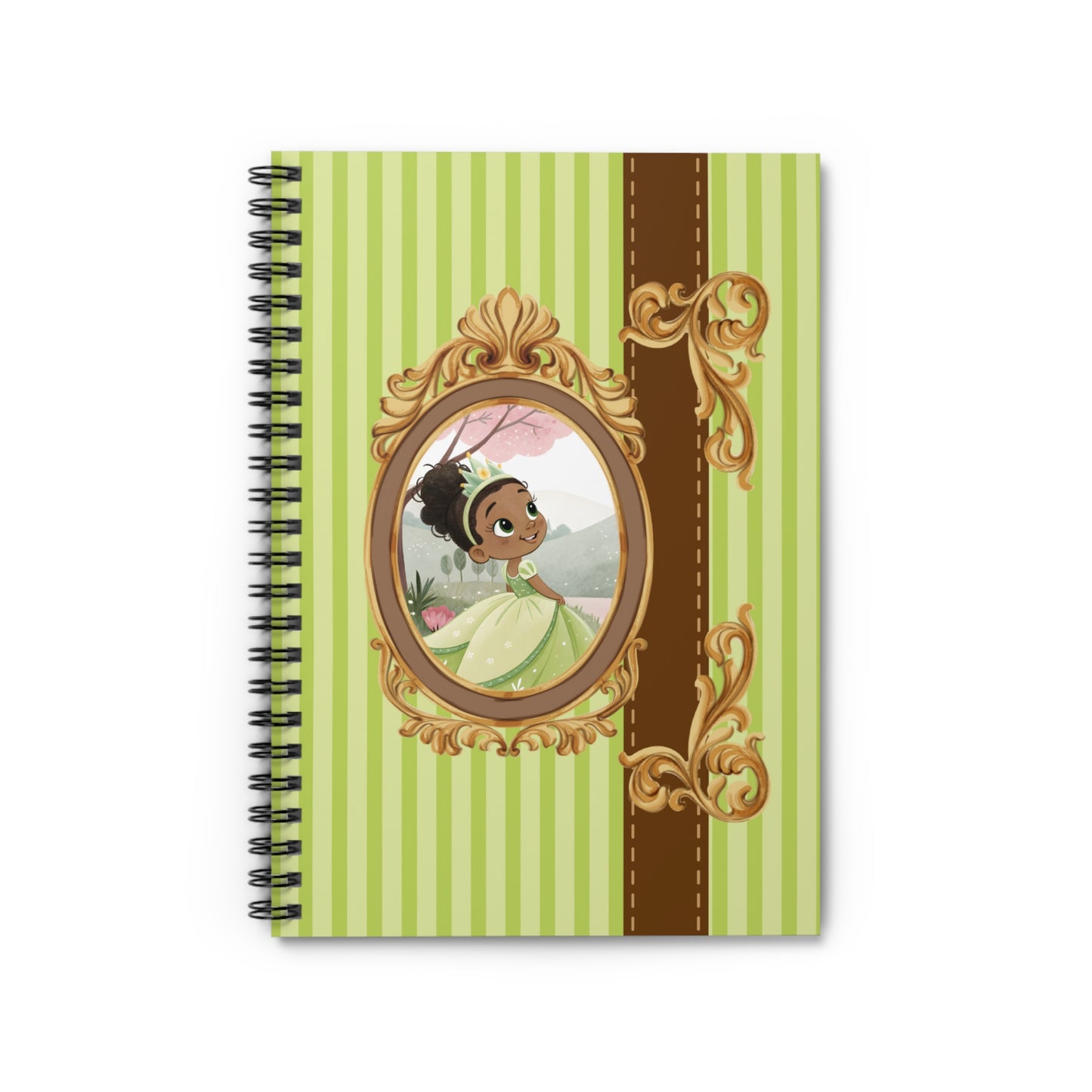 Princess Portrait Spiral Notebook | Ruled Line Journal with Green Stripes