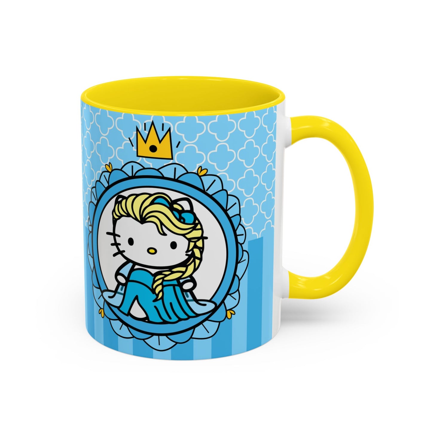 Princess Cat Illustration Accent Coffee Mug | Blue Striped Ceramic