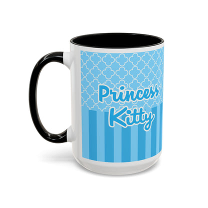 Princess Cat Illustration Accent Coffee Mug | Blue Striped Ceramic