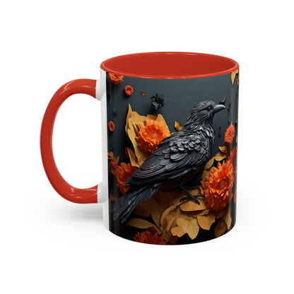 Autumn Raven Accent Coffee Mug — Black Crow & Orange Chrysanthemums (11/15oz)