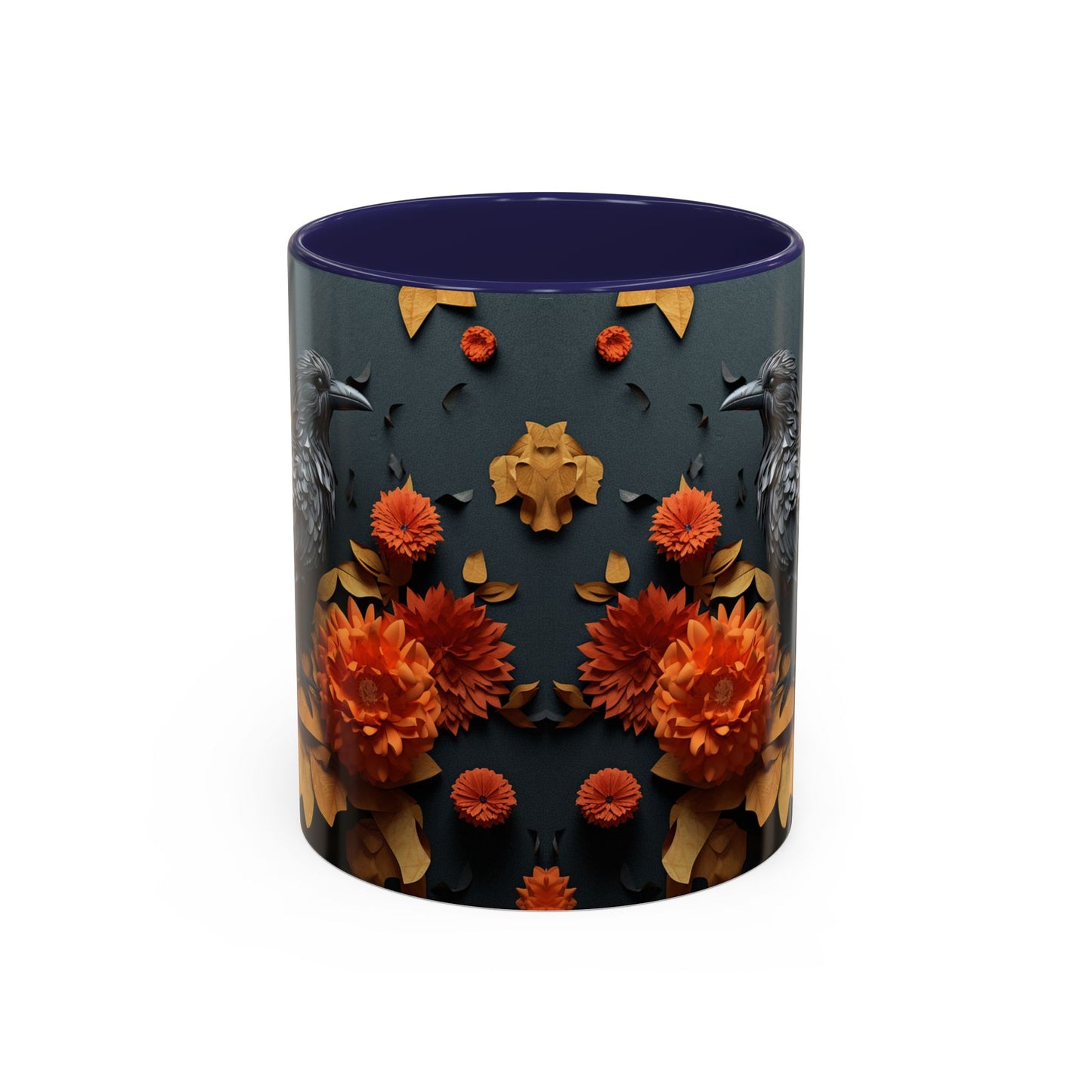 Autumn Raven Accent Coffee Mug — Black Crow & Orange Chrysanthemums (11/15oz)