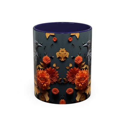 Autumn Raven Accent Coffee Mug — Black Crow & Orange Chrysanthemums (11/15oz)