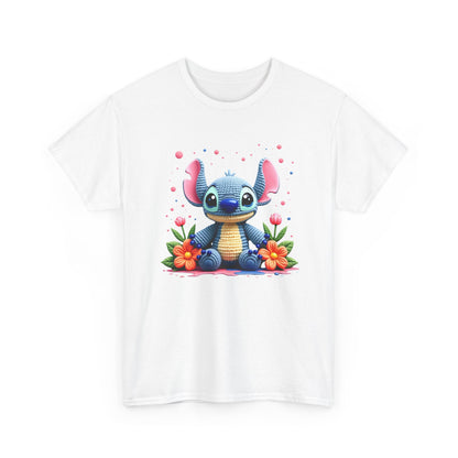 Cute Blue Alien Character Tee | Sitting Stitch-Inspired Design, Floral Accents
