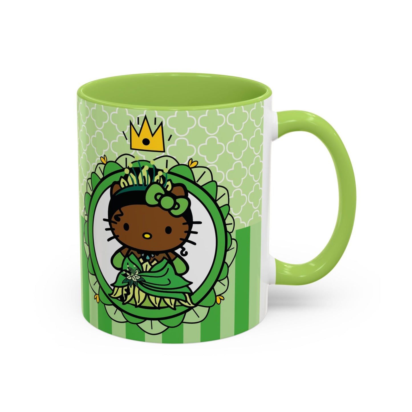 Princess Cat Illustration Accent Coffee Mug | Green Stripes