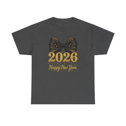 2026 Happy New Year T-Shirt — Gold Numbers with Black Sparkle Bow