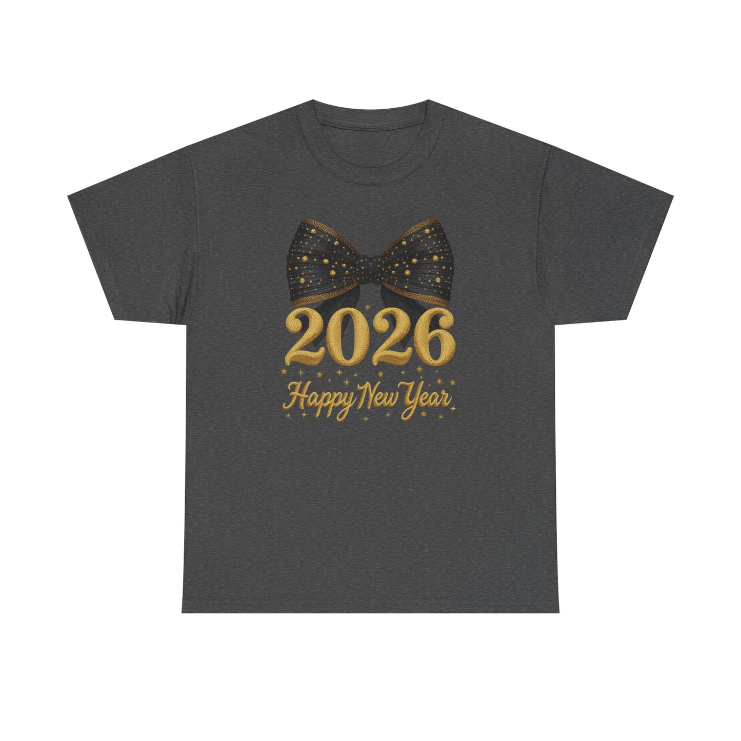 2026 Happy New Year T-Shirt  Gold Numbers with Black Sparkle Bow