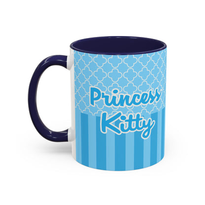 Princess Cat Illustration Accent Coffee Mug | Blue Striped Ceramic