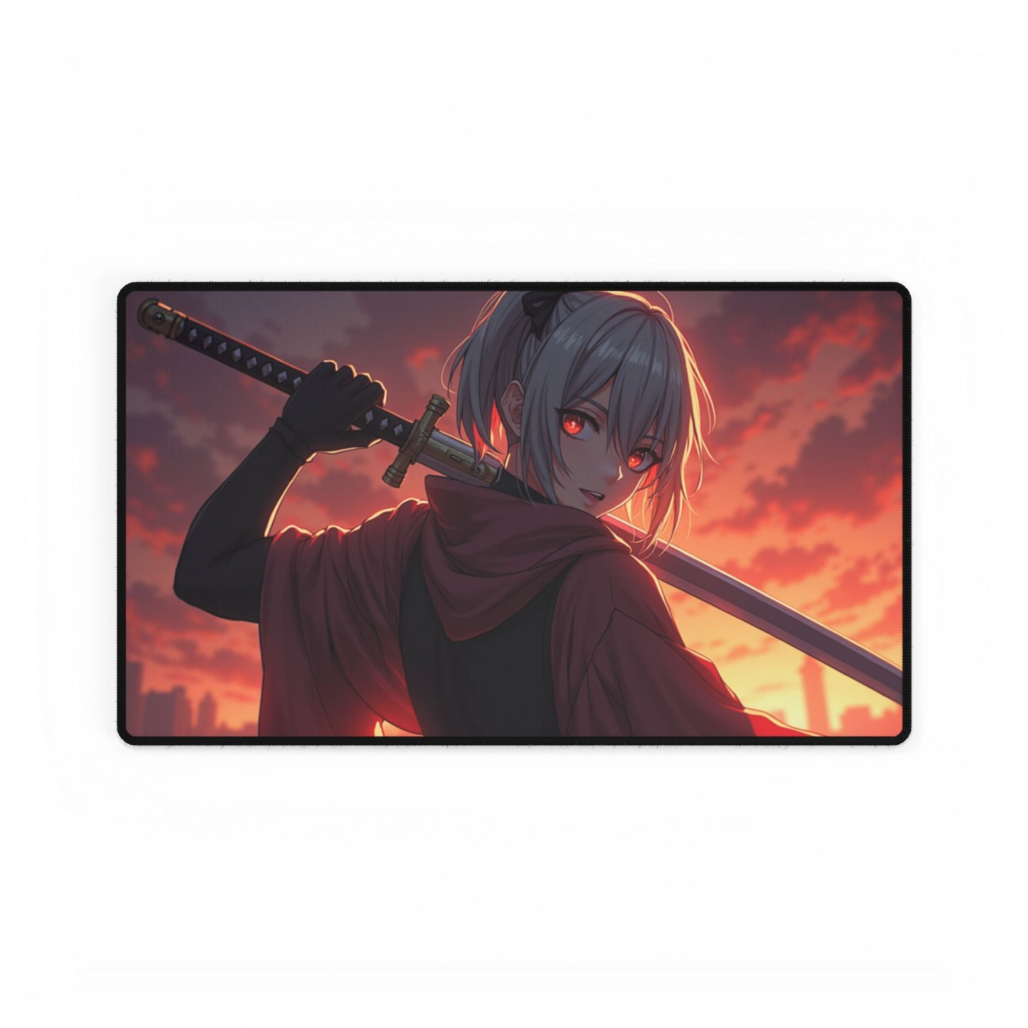 Anime Samurai Desk Mat — Red Sunset Sword Girl Gaming Mouse Pad (Large)