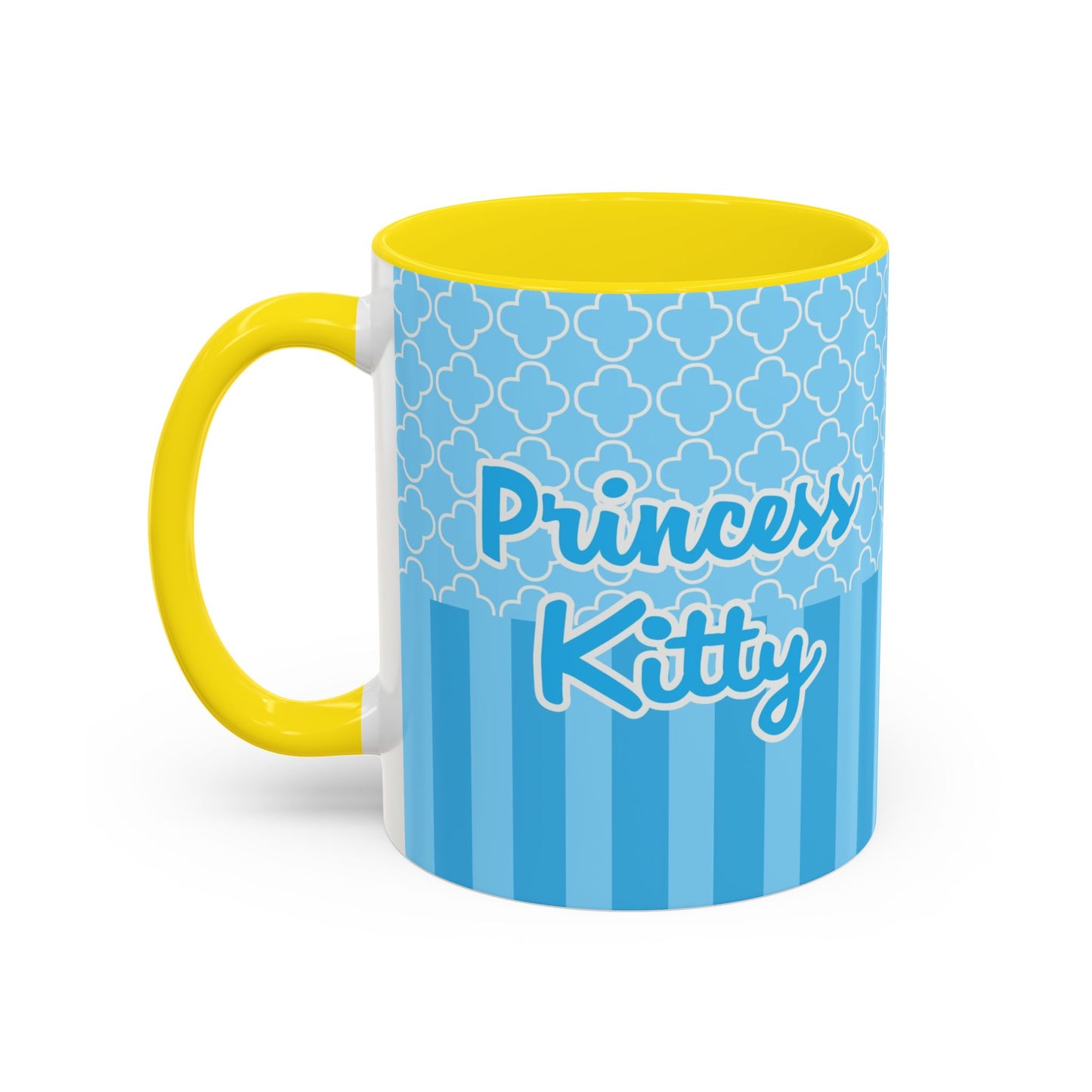 Princess Cat Illustration Accent Coffee Mug | Blue Striped Ceramic