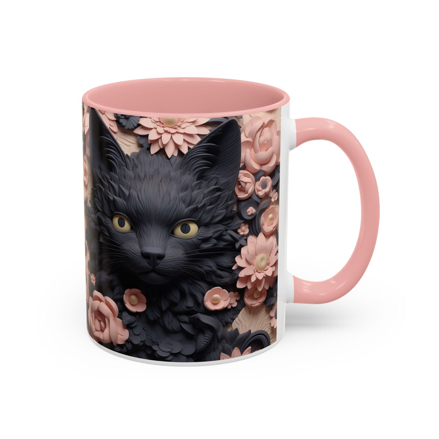 Black Cat & Pink Roses Accent Coffee Mug — 11/15oz Floral Cat Art