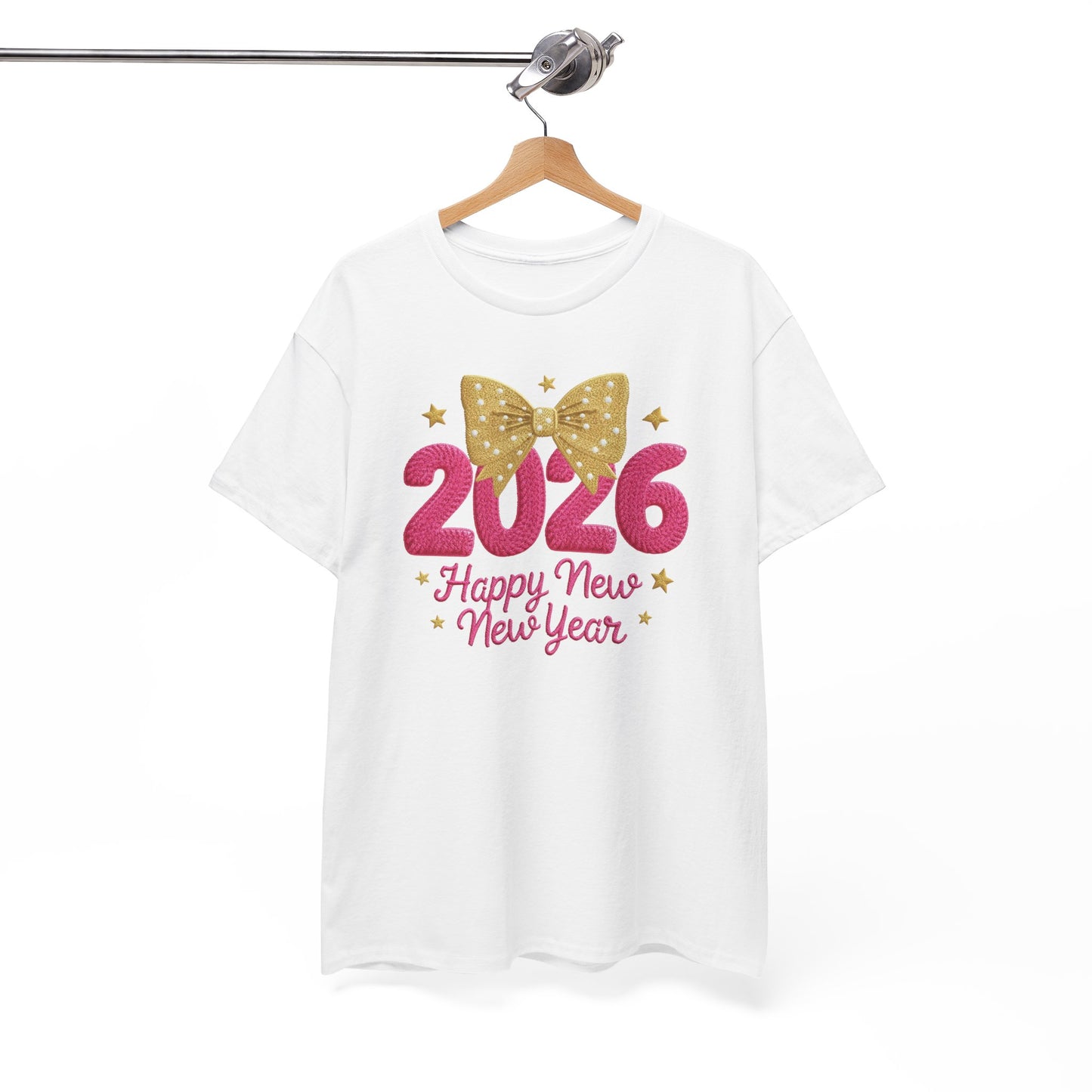 2026 Happy New Year T-Shirt — Pink & Gold Bow Celebration Tee