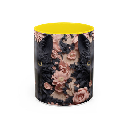 Black Cat & Pink Roses Accent Coffee Mug — 11/15oz Floral Cat Art